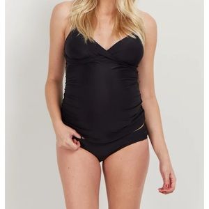 Black Solid Wrap Front Maternity Tankini Top